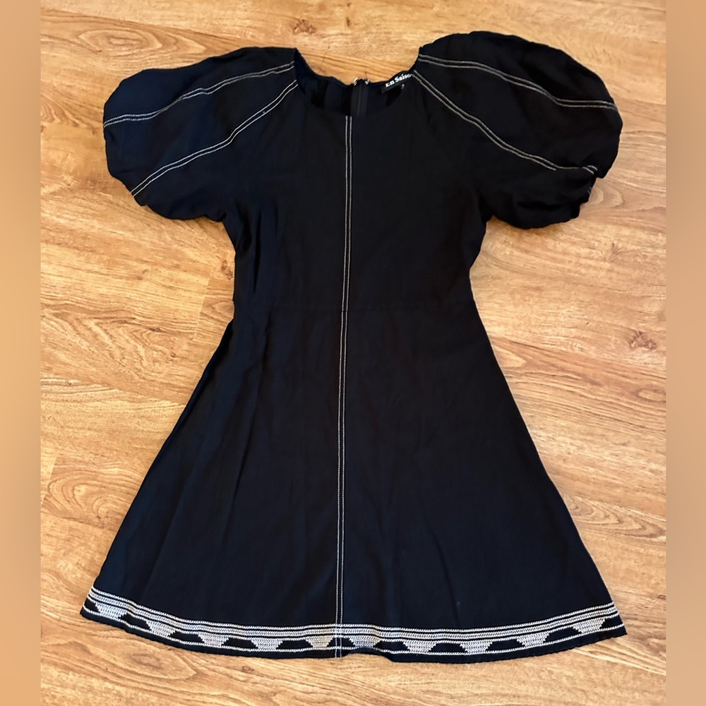 En Saison Anthropologie Black Puff Sleeve Mini Dress S Contrast Stitching